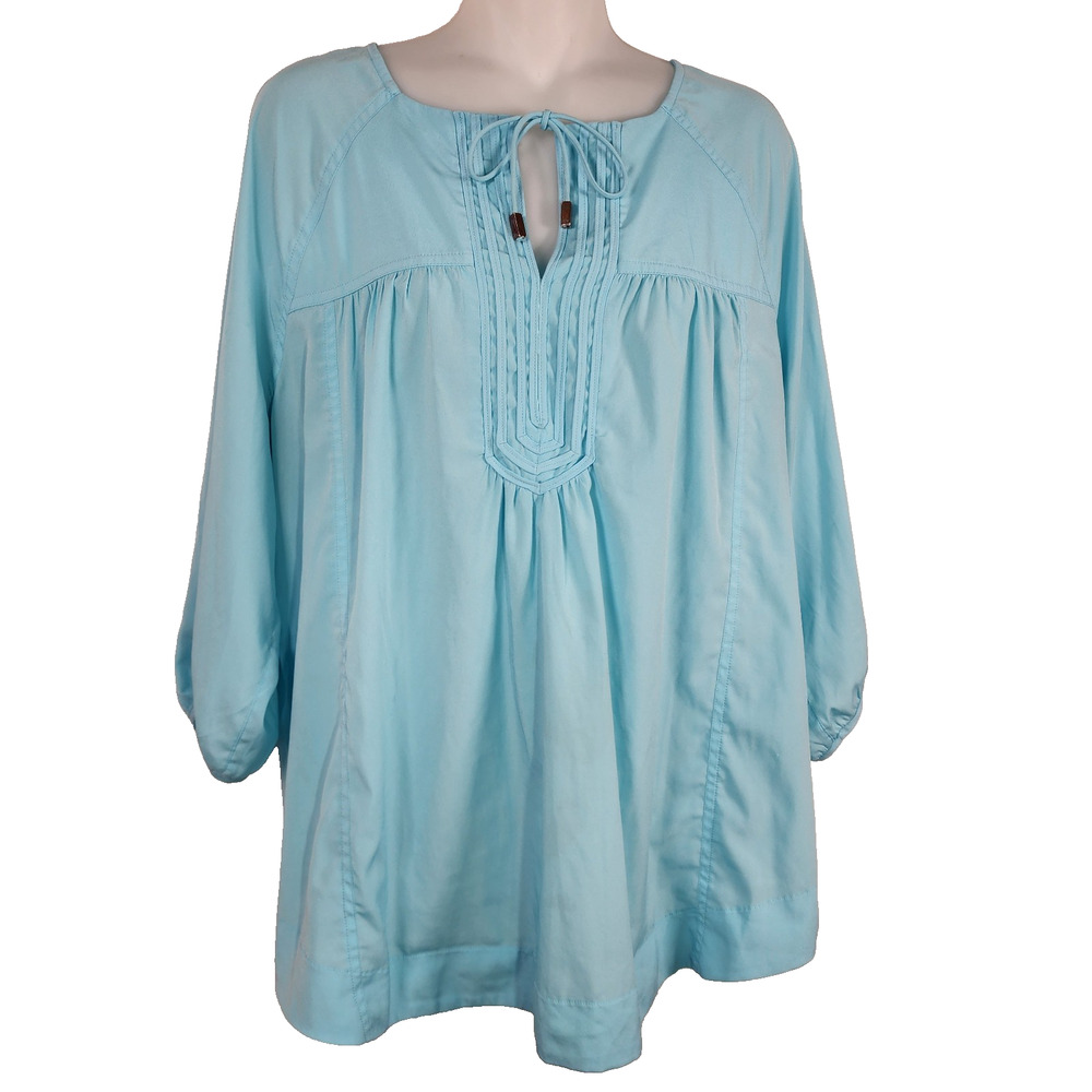 Motherhood Maternity Women Tunic Top Tie Neck Pintuck Pleated Blue 3/4 Sleeve L